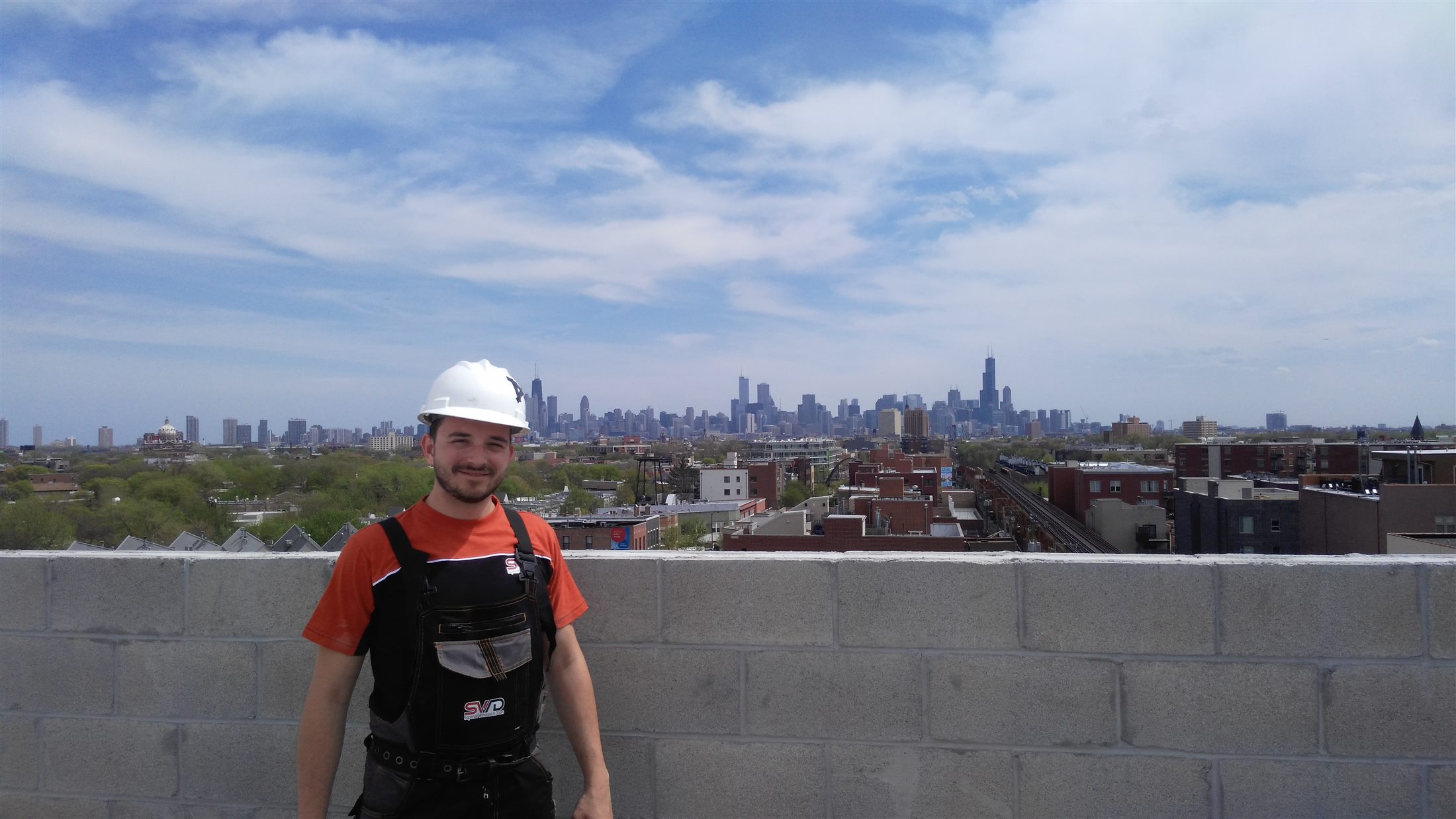 Peter Dombrovský working on a construction site in Chicago
